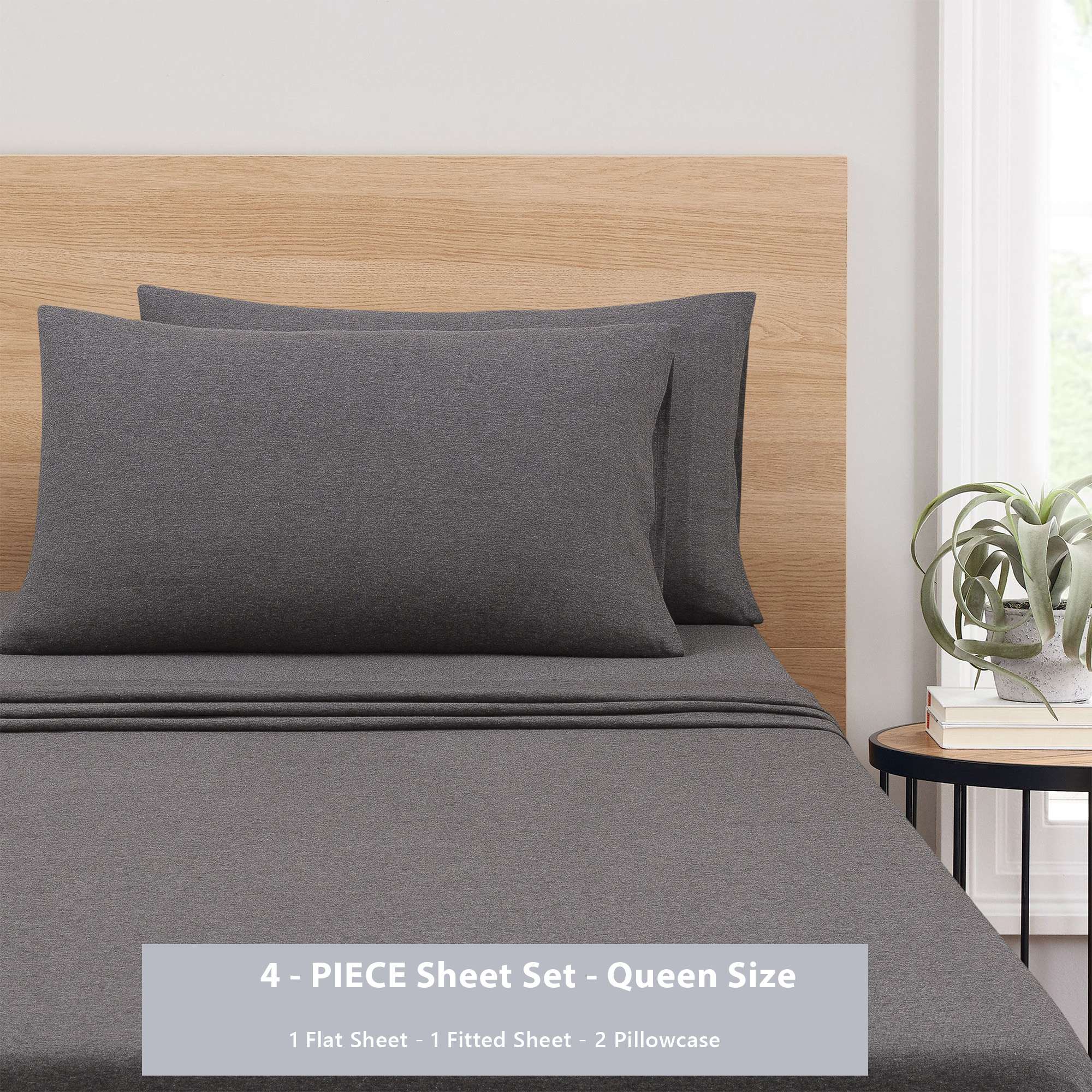 Mainstays Cotton-Rich Jersey Sheet Set, Queen, Charcoal, 4-Piece photo 4