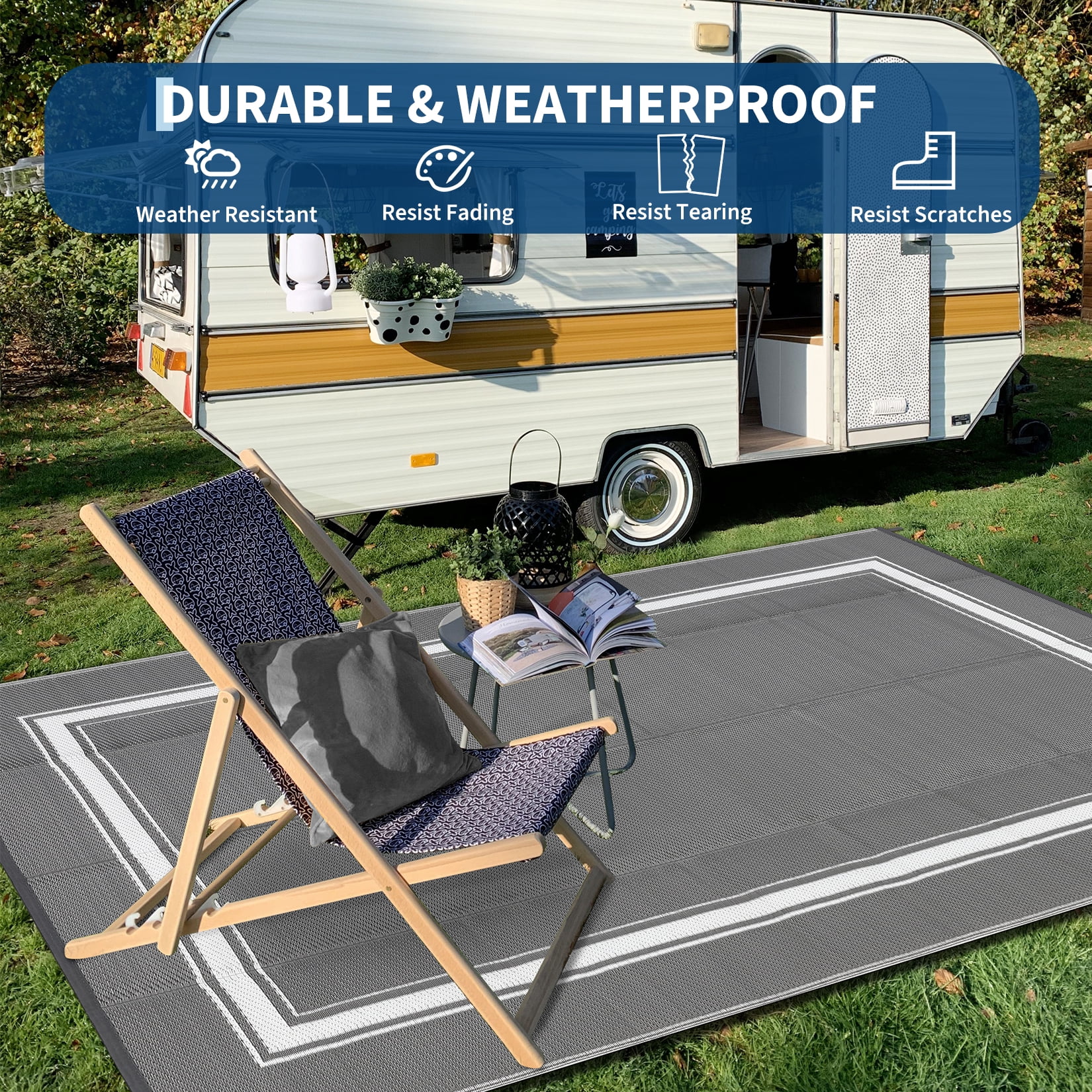 Garvee 8'x10' Waterproof Outdoor Rug, Reversible Patio Area Rug Indoor Outdoor Carpet, Plastic Modern Geometric Carpet for RV Camping Deck Balcony Porch Picnic, Gray White