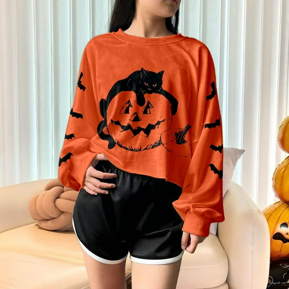 LEKDFST Halloween Sweatshirts for Women Black Cat on Pumpkin Sweatshirt Lightweight Cute Graphic Hoodies Fall Tops Orange L