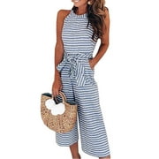 Women Sleeveless Striped Jumpsuits Waist Belted Wide Leg Pants Romper With Pockets