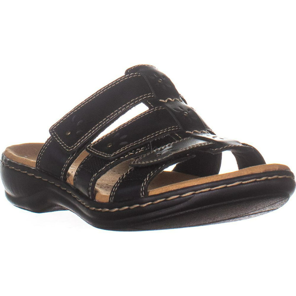 Clarks - Womens Clarks Leisa Spring Flat Slide Sandals, Black Leather ...