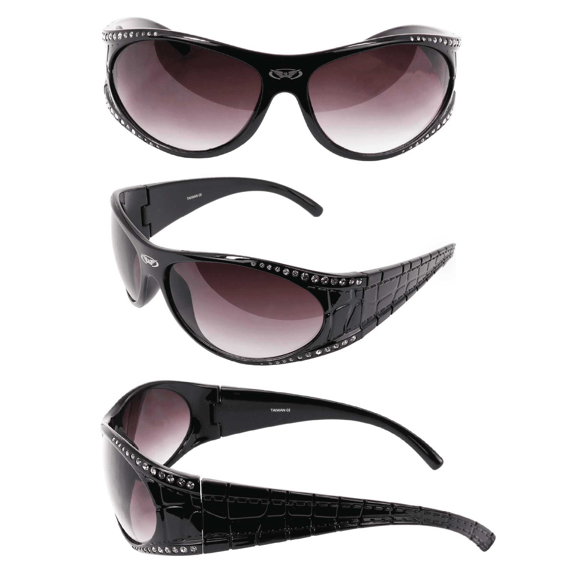 Global Vision Marilyn 1 Fashion Motorcycle Wrap Around Sunglasses for Women  Bling Rhinestones Bling 2 Pairs Black & Purple Frame w/ Gradient Smoke