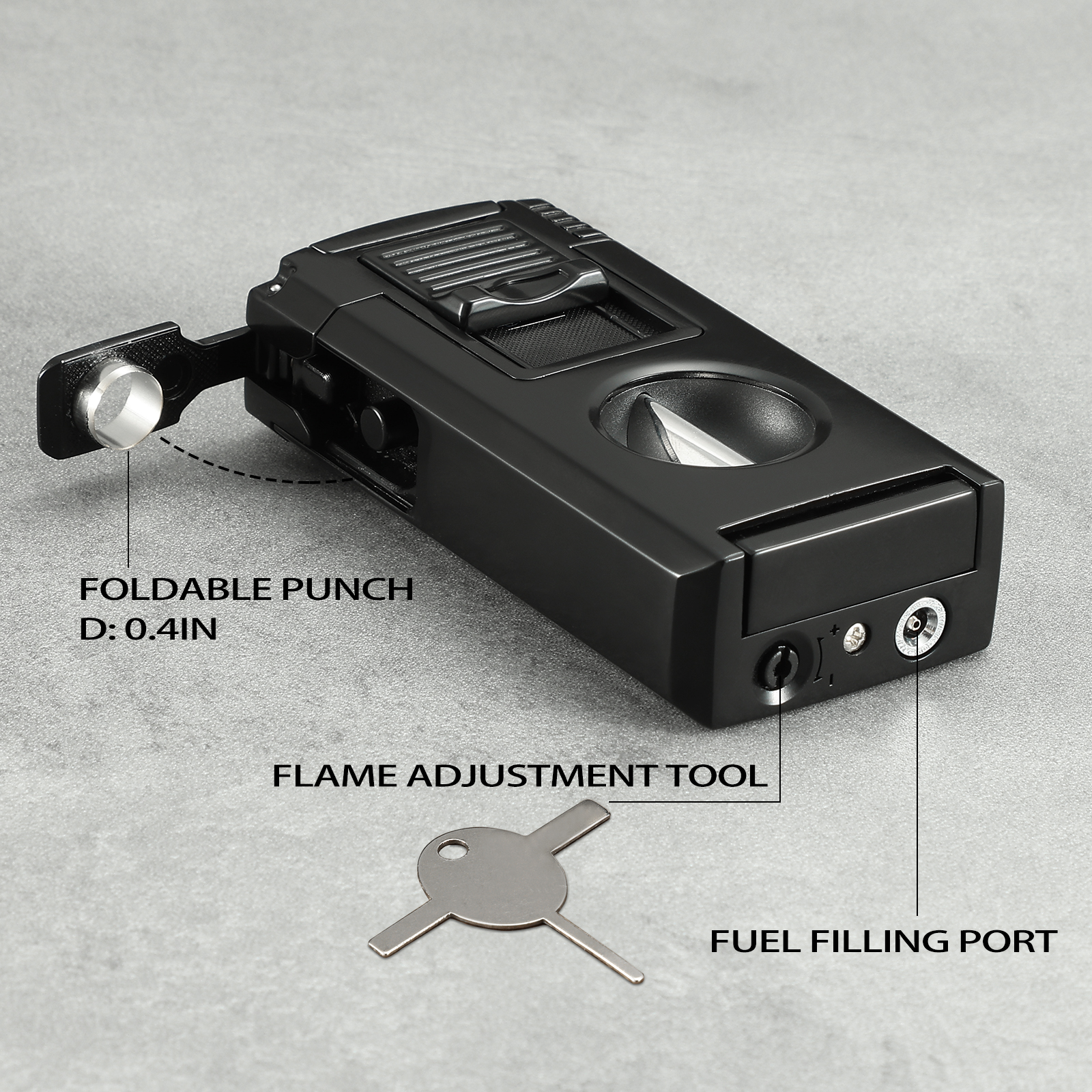 All in One Jet Flame Cigar Torch Lighter Built-in Cutter V Cut, Punch, Holder Function, Draw Enhancer Tool, Refillable and Adjustable Windproof Lighter (Sold Without Gas)