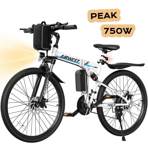 AIRWEST E-bicycle for Adults, Peak 750W Motor Electric Bicycle, 20MPH, 48V 7.8Ah Lithium Battery, 26'' Mountain E bike for Man & Woman, 40 Miles Range, UL2849
