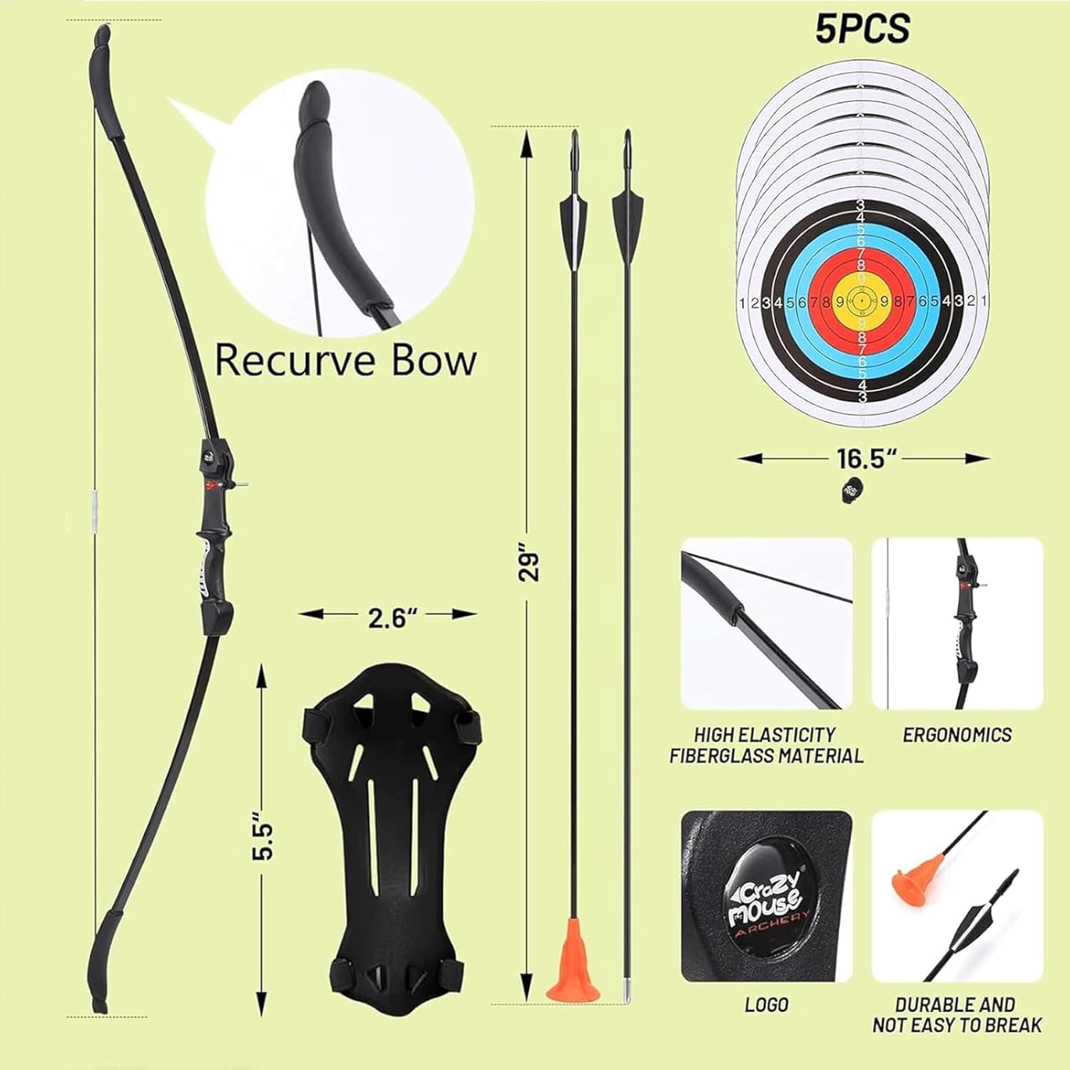 Bow and Arrow for Teens Beginners Adults Recurve Bow Set 8 Arrows 5 Target Face Archery Longbow Kit Backyard Games Gift for Outdoor Sports