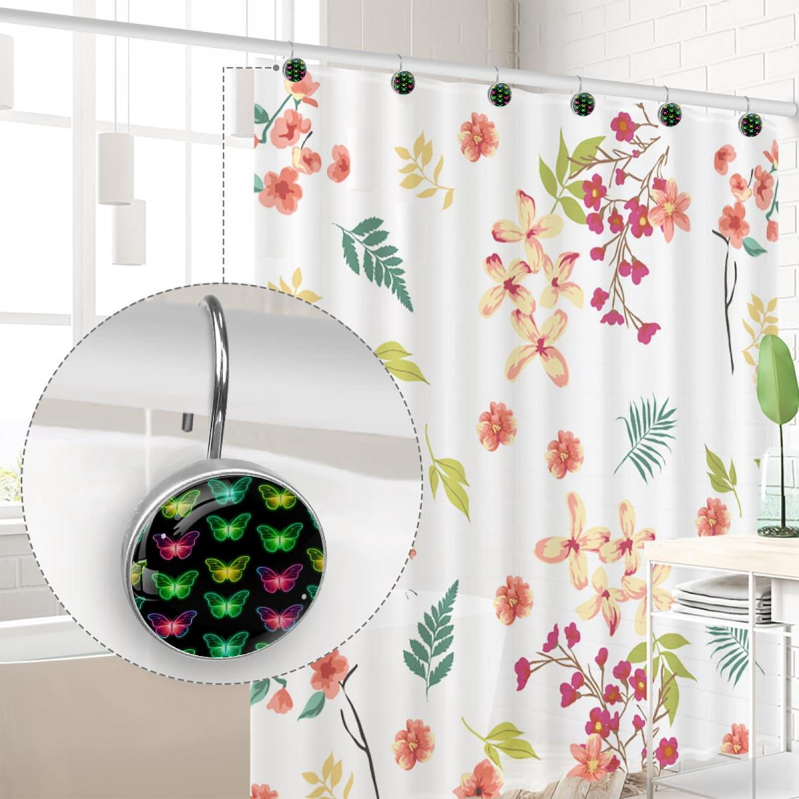 12pcs Decorative Shower Curtain Hooks, Rust Resistant Shower Rings for Bathroom Living Room,Rustproof Stainless Steel Rings for Shower Curtain and Liner Rods,Neon Light Butterflies