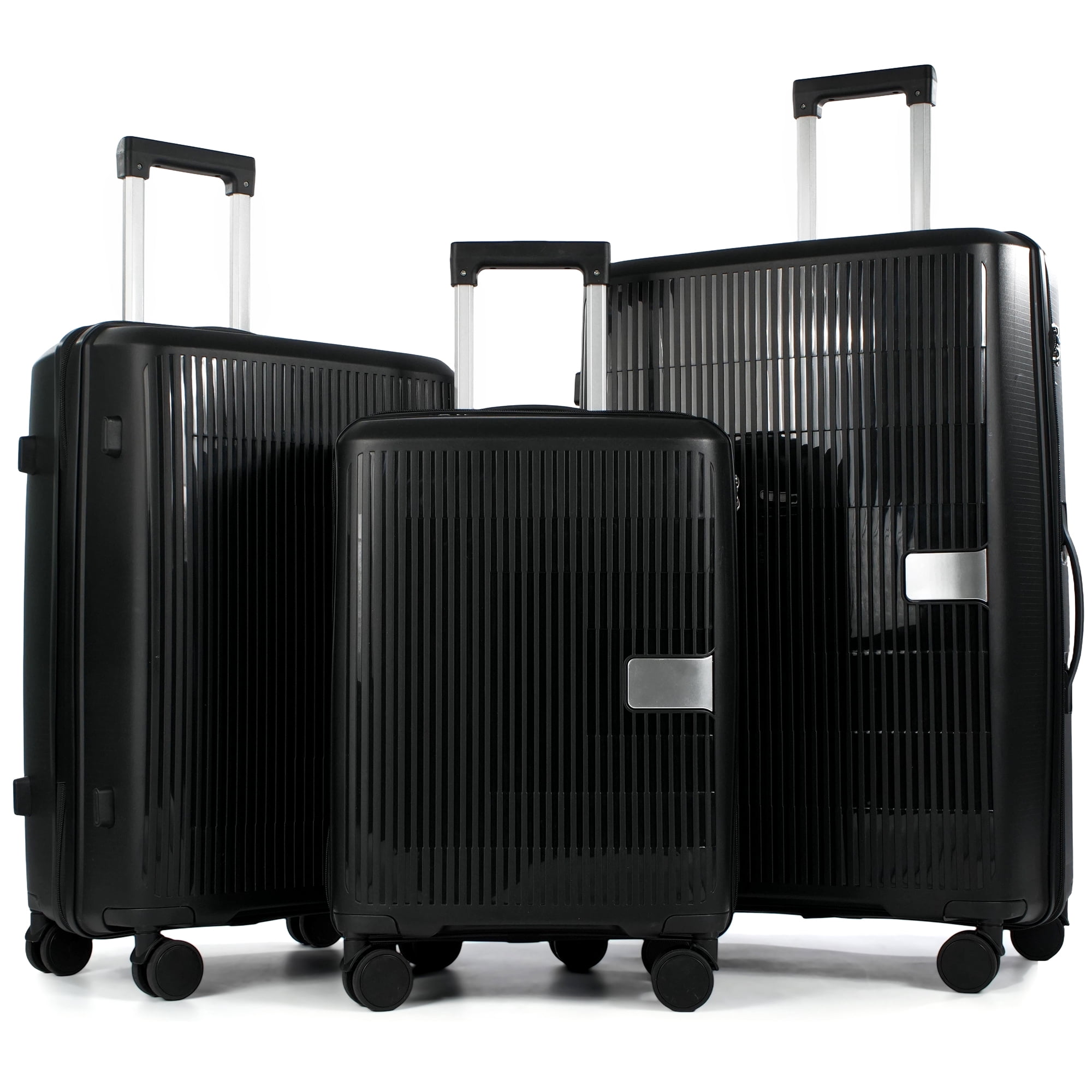Travelhouse 3 Piece Checked Hard Shell Luggage Set Lightweight Suitcase with Lock and Spinner Wheels,Black