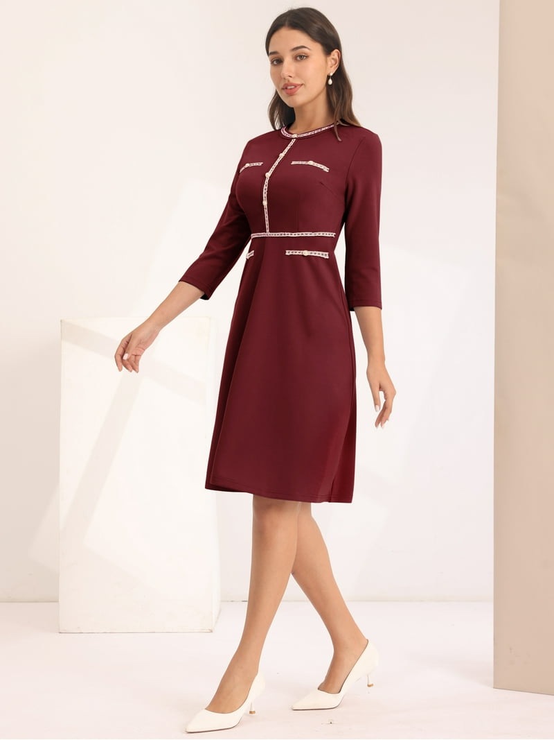 Midi Dress Burgundy Office Dress Daring Diva A-Line Contrast Color Tweed Trim Dress L Dark Red Midi Dress Burgundy Office Dress Daring Diva A-Line Contrast Color Tweed Trim Dress L Dark Red
