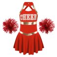thumbnail image 3 of Ensemble de Danse Cheerleading pour Filles Robe Sans Manches avec Lettres Imprimées et Pompons Tenues Uniforme d'Équipe Compétition Rouge 16, 3 of 7
