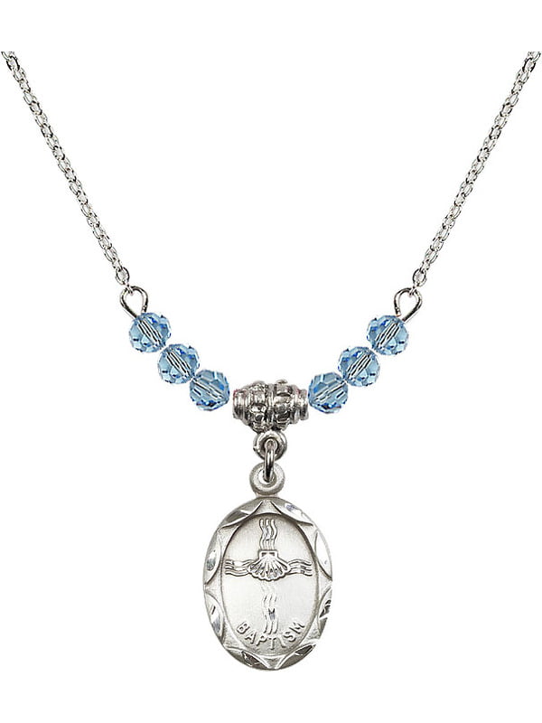 Bonyak Jewelry 18 Inch Rhodium Plated Necklace w/ 4mm Blue March Birth Month Stone Beads and Saint Nicholas Charm