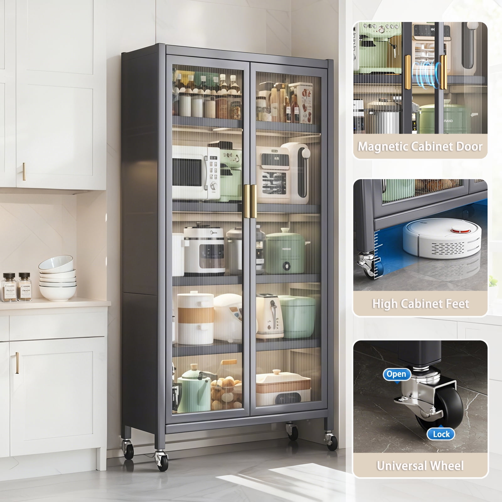 65" Kitchen Pantry Cabinet, 5 Tier Metal Display Storage Cabinet with Transparent Door, Adjustable Shelves & Wheels, Food Pantries Cabinets, for Kitchen, Living Room and Dining Room