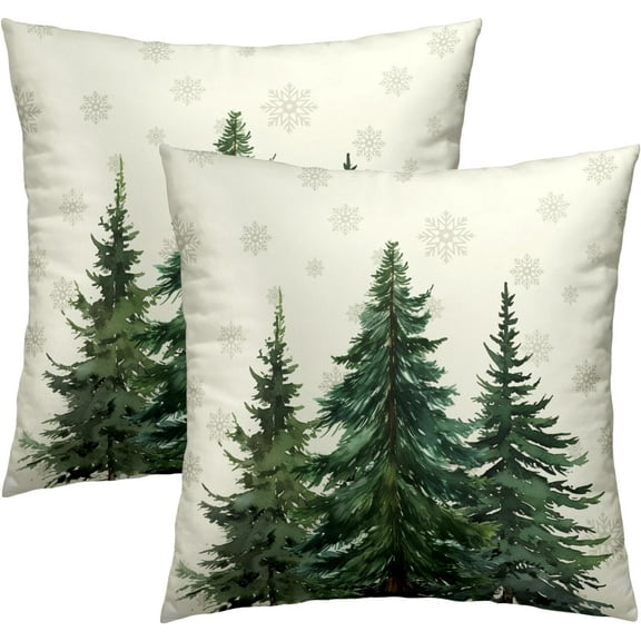 Pine Tree Throw Pillow Covers 20x20 Set of 2, Green Rustic Style Natural Forest Winter Snowflake Cotton Square Decorative Pillowcase Cushion Cover for Home Sofa Bed Outdoor
