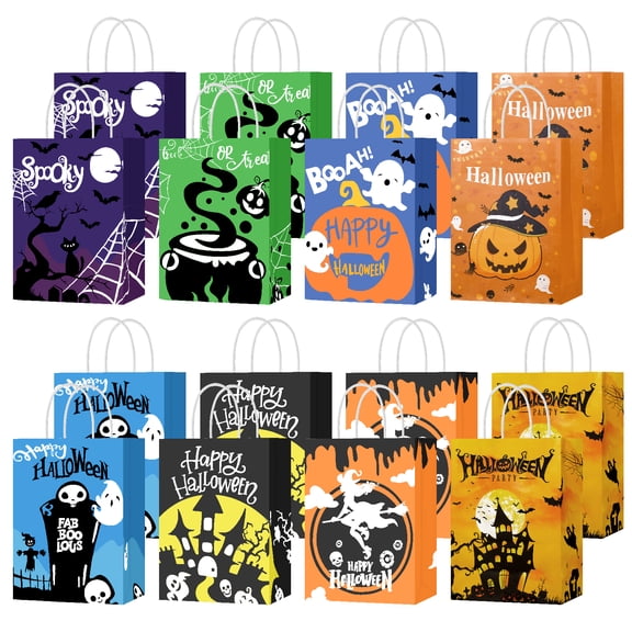 HEQUSIGNS 18 Pcs Halloween Treat Bags, Halloween Paper Gift Bags with Handles, Halloween Trick or Treat Candy Bags Goodie Bags for Holiday Treats Snacks Kids Halloween Party Favors Supplies