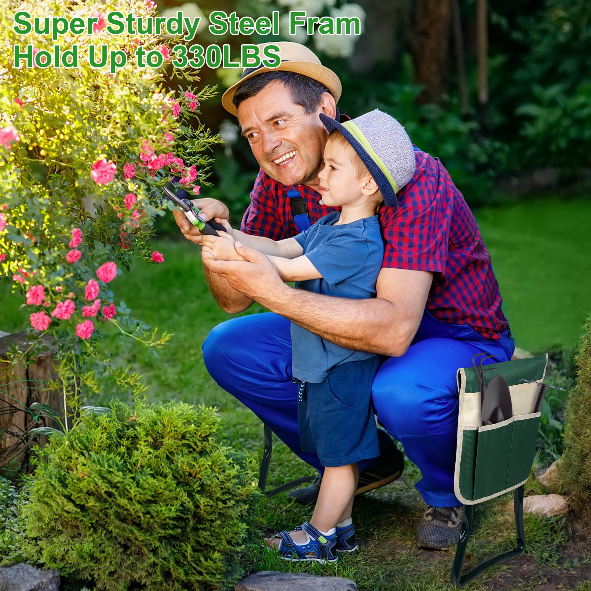 Folding Garden Kneeler and Bench Kneeling Soft Eva Pad Seat with Stool Pouch,Green