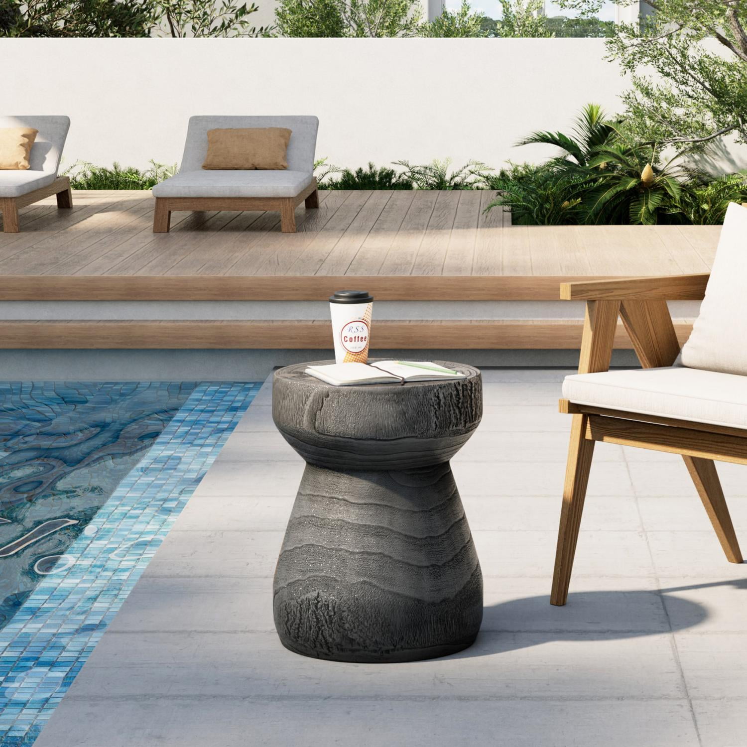 VENTOPYR Round Outdoor Side Table, Chessboard, Concrete and Faux