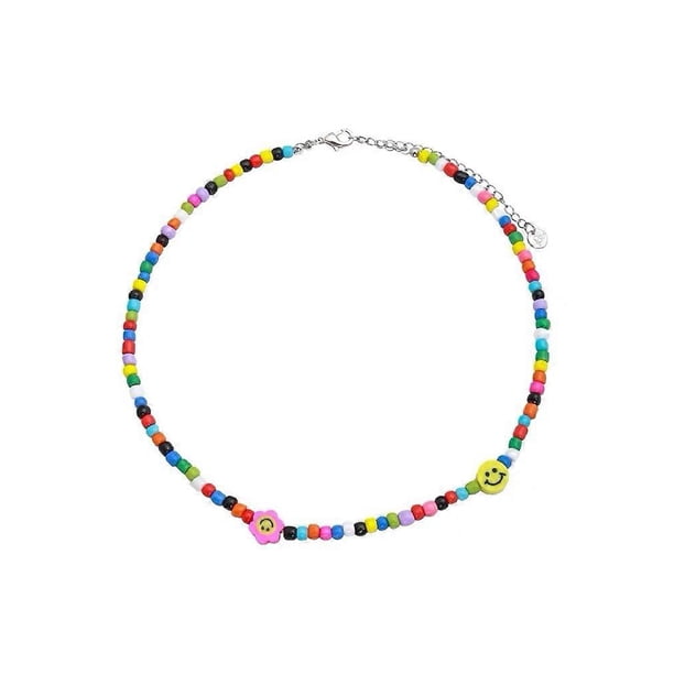Collar de cuentas en capas con forma de cara sonriente y pulsera de cadena, collar apilable de perlas con forma de corazón, flor y carambola, para damas y niñas en verano y playa.