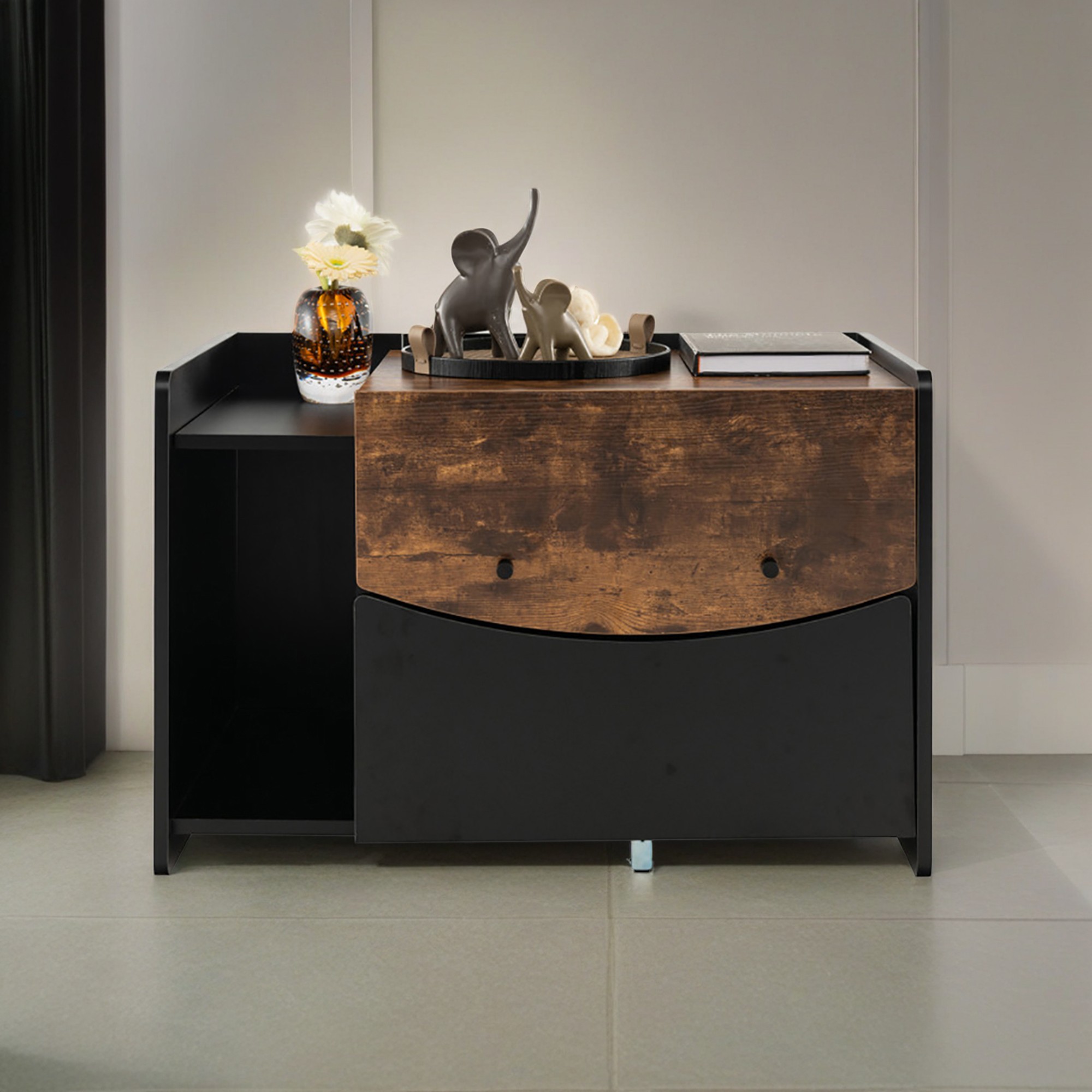 Pefilos 31" Hideaway Cat Litter Box Enclosure Furniture with Pull-out Drawer, Wood Enclosed Cat House Kitten Condo Washroom, Black