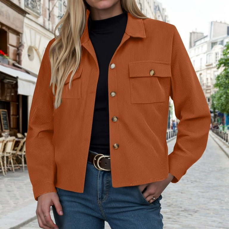 yueewhu Women Plus Size Cropped Corduroy Jacket Button Down Casual
