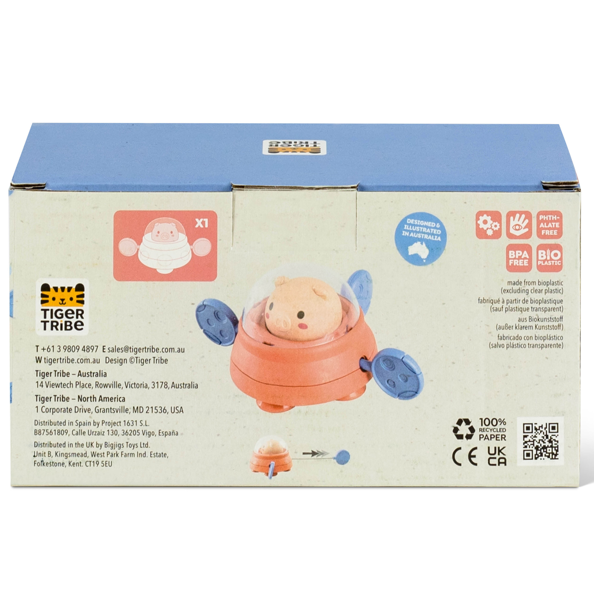Tiger Tribe Paddle Ship Bath Toy - Space Piggy Floating Toy with Pull String Action, Non-toxic, Eco-friendly for Toddlers 18mo+, Develops Motor Skills