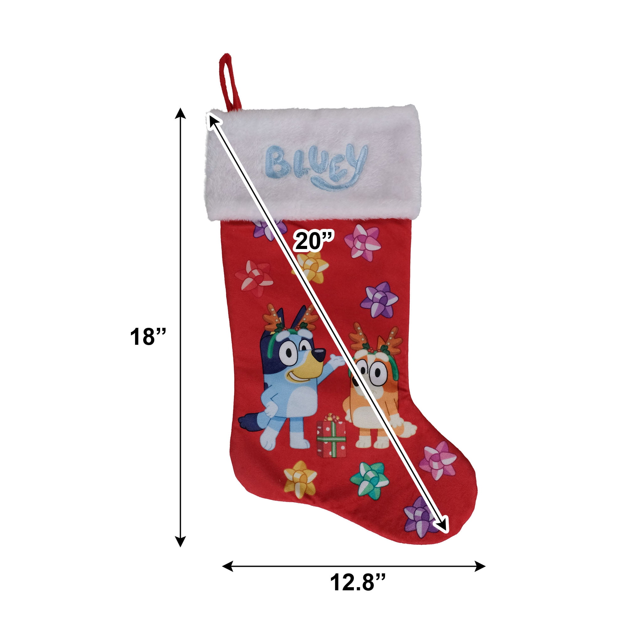 Bluey Velvet Christmas Stocking with Reindeer Antlers for Kids, 20 inch