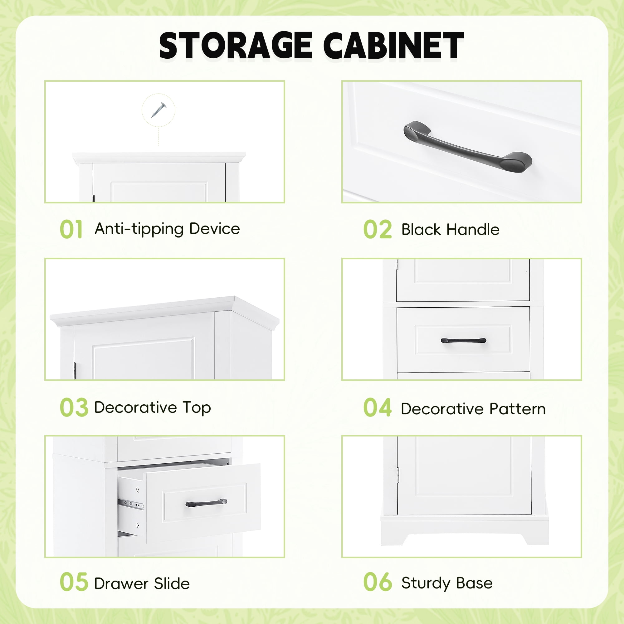 YIYADO Bathroom waterproof storage cabinet, floor-standing storage cabinet with adjustable shelves, freestanding bathroom storage rack, white