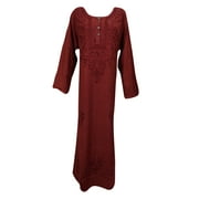 Mogul Womens Evening Party Dress Long Sleeve Maroon Embroidered Tunic Shift Maxi Dresses