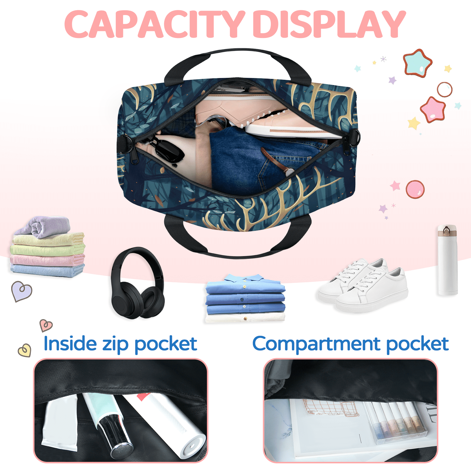 Herdesigns Forest Deer Gym Bag for Women, Duffle Bag for Travel Sport, Lightweight Waterproof Carry on Weekender Overnight Dance Yoga Workout Bags