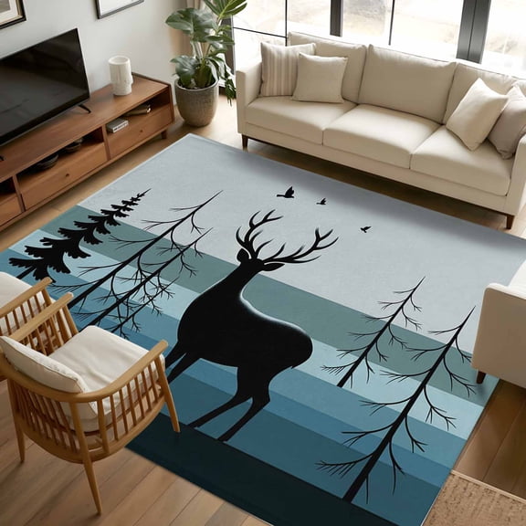 8x10 Area Rugs Forest Elk Non-Skid Rubber Backing Large Rectangle Rugs - Living Room Bedroom Home Office, Retro Blue Ombre Stripes Tree Birds Animal Indoor Floor Mat Carpets Washable Rug