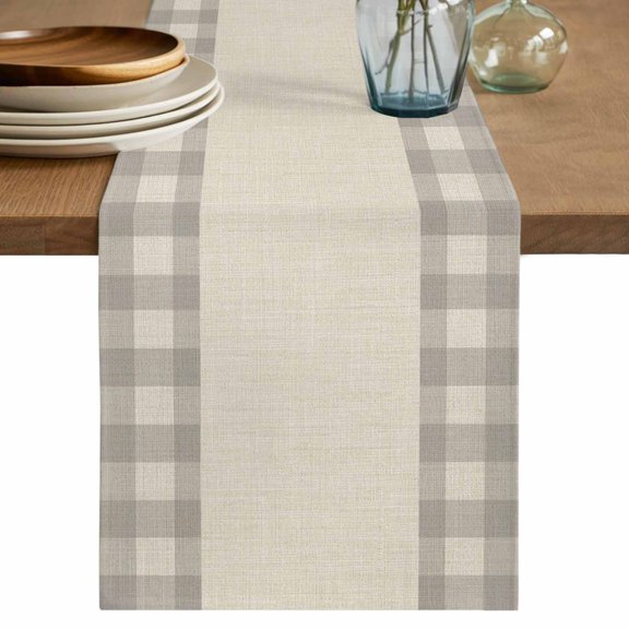 Retro Grey Table Runner 70 Inches, Farmhouse Buffalo Plaid Vintage Beige Bed Runner Dresser Scarves Tabletop for Indoor Outdoor Parties/Ceremony/Banquet, 13" x 70"