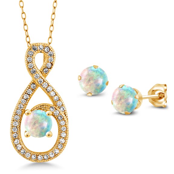 Gem Stone King 2.10 Ct Round Cabochon White Simulated Opal 18K Yellow Gold Plated Silver Pendant and Earrings Jewelry Set