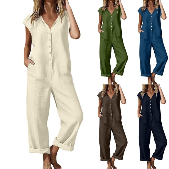 TAGOLD Womens Capris Jumpsuit Solid Color Linen Button Down Overall Long Pants Romper