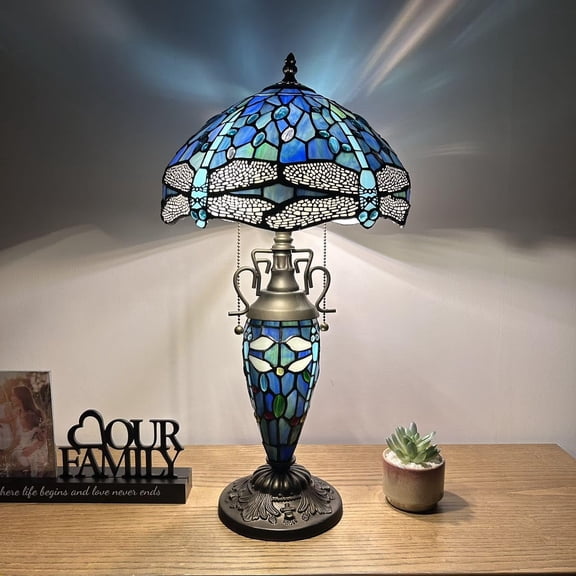 Tiffany Table Lamp Blue Stained Glass Shade And Base Dragonfly LED Bulbs Included for Living Room Bedroom Bedside 12"W*12"D*22"H