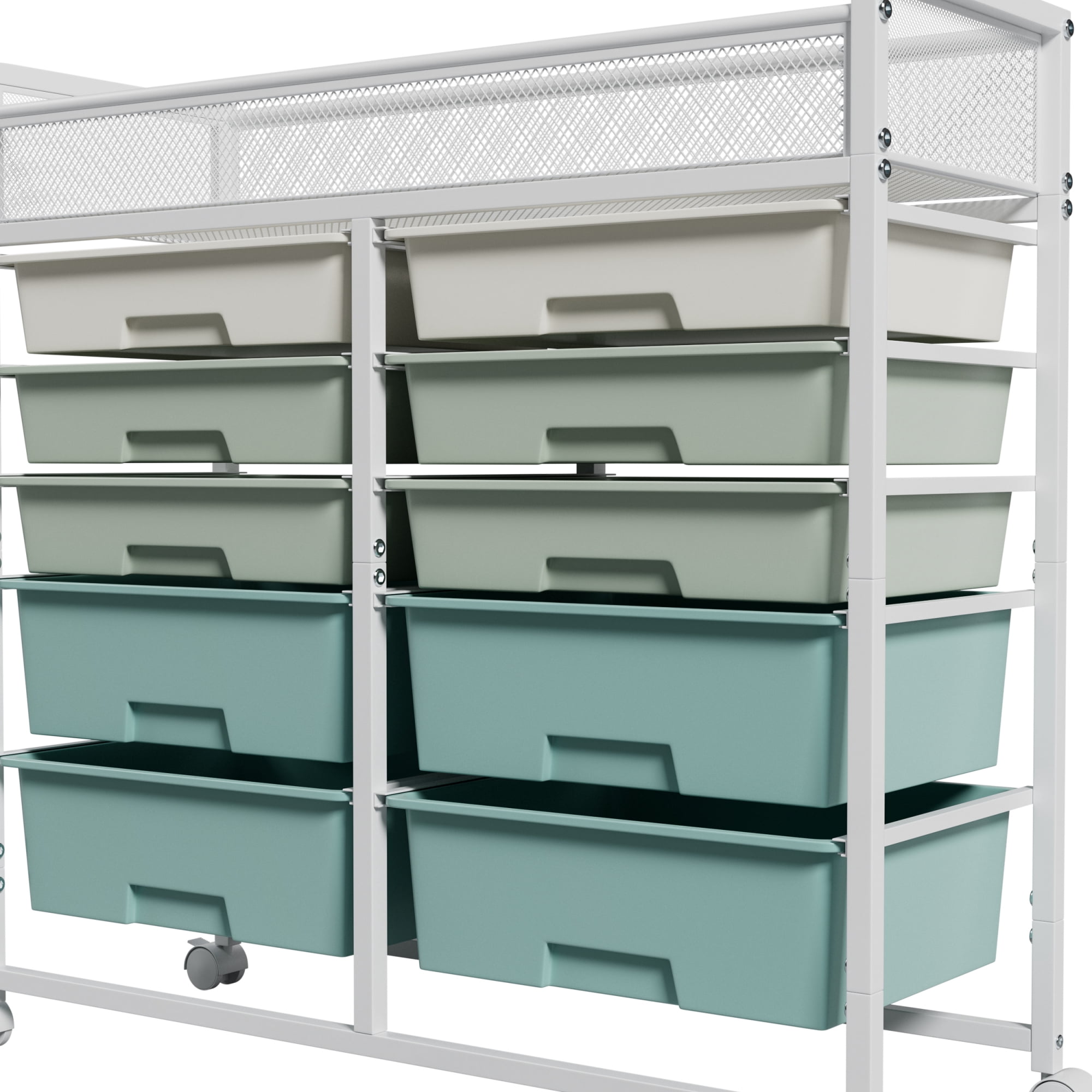 Leumius White Large Capacity 2-Row 10-Drawer Rolling Storage Cart, Metal Mesh Top Utility Organizer with Wheels, Multi-Layer Plastic Drawers for Kitchen, Bathroom, Bedroom, Office