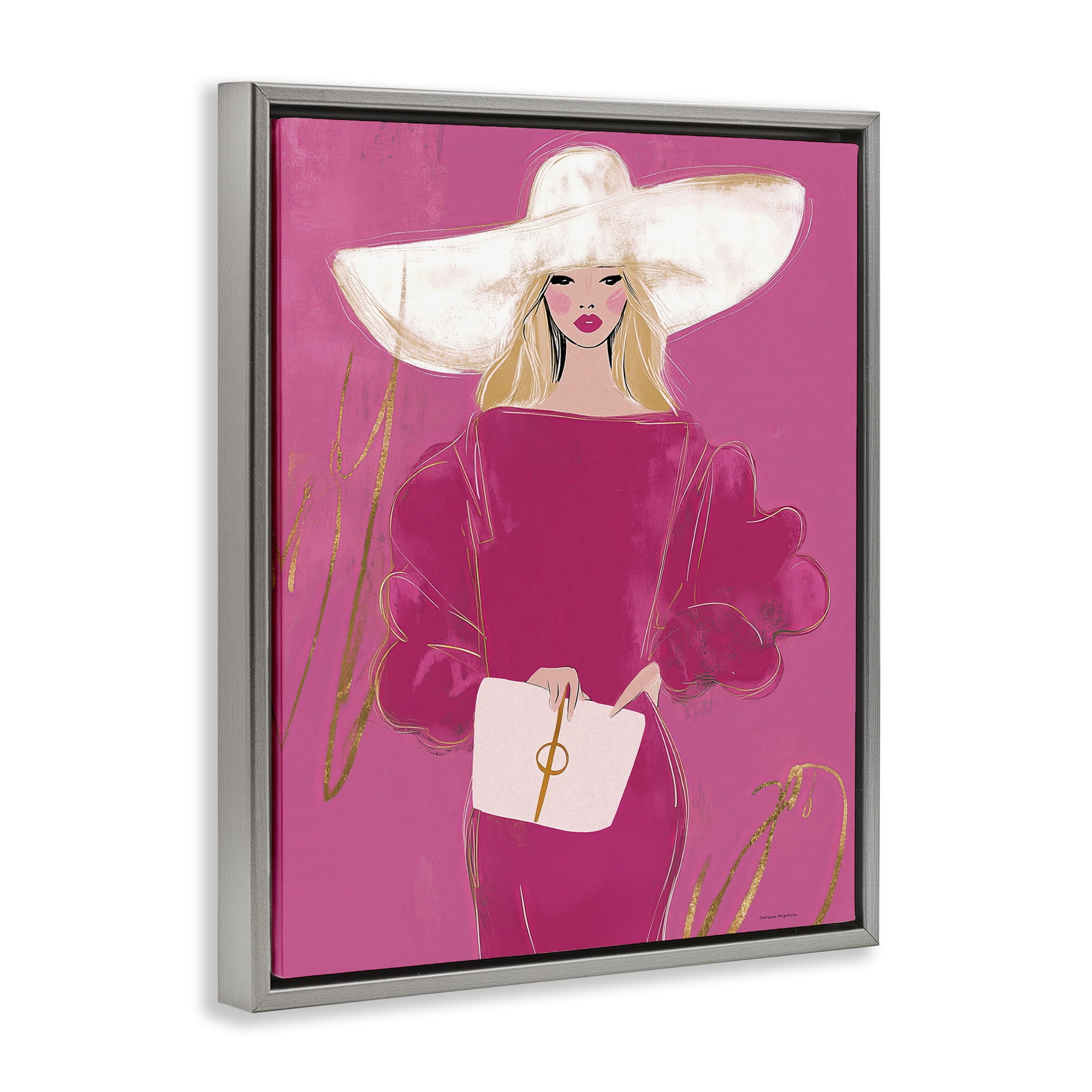 Stupell Industries Lady In Pink with Hat Gray Framed Floater Canvas Wall Art, design by Svetlana Aleynikova