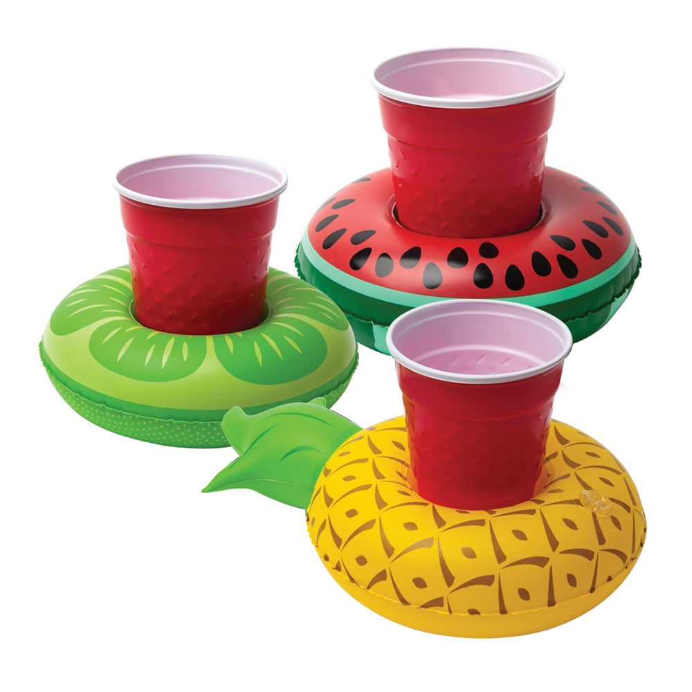 DESIGNS CHOSEN AT RANDOM 3 x Blow Up Inflatable Fruit Floating Drinks Holders 