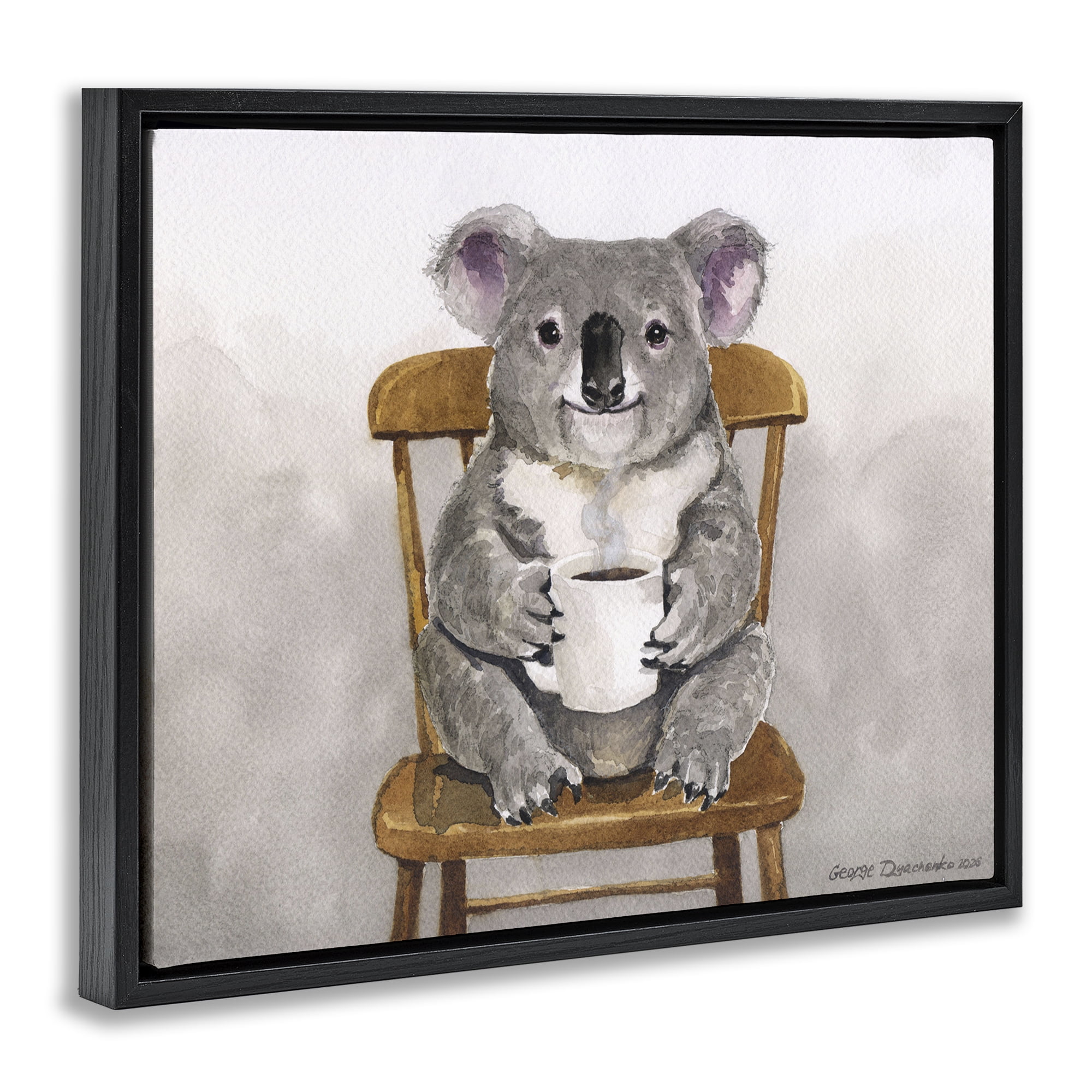 Stupell Industries Koala with Coffee Mug Black Framed Floater Canvas Wall Art, design by George Dyachenko