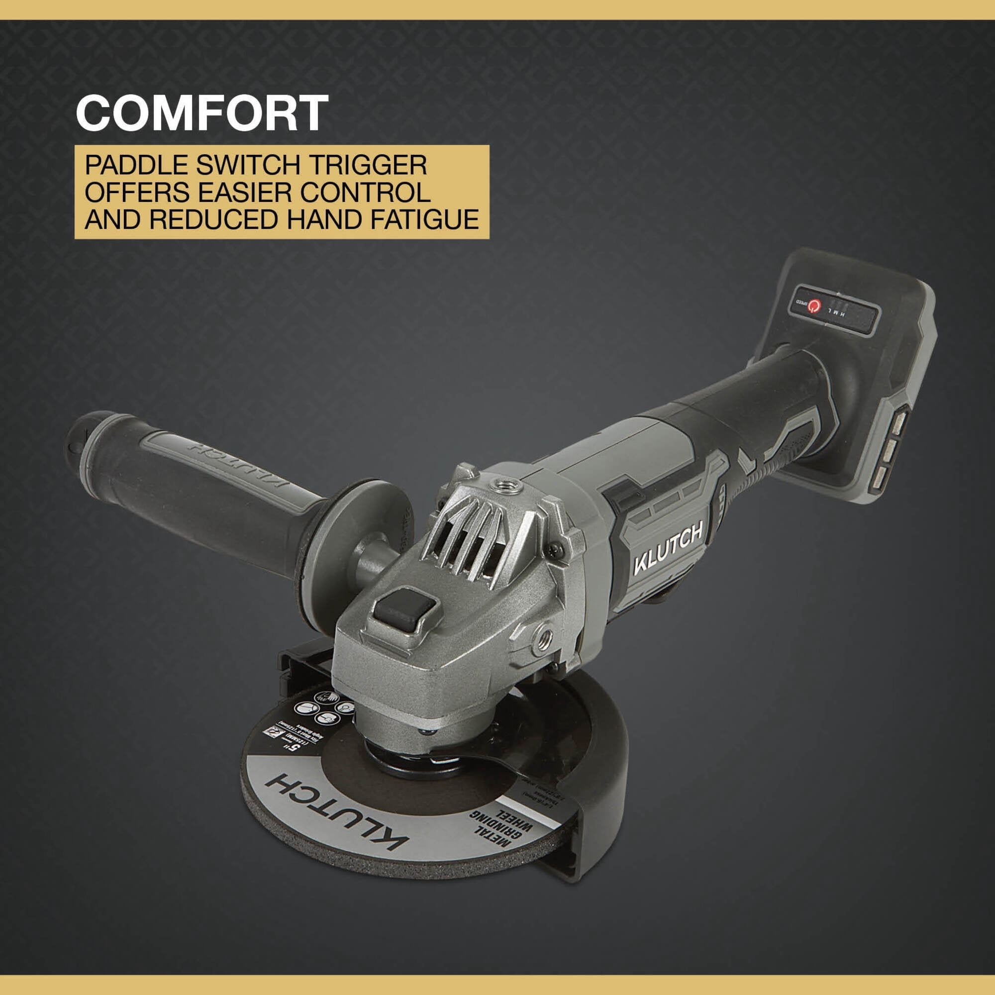 Klutch 4-1/2in./5in. Angle Grinder, KLiQ 20V, Paddle Switch, 8500 RPM, Brushless, Cordless, Bare Tool