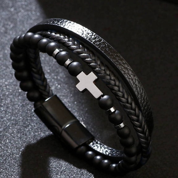 Men's Cross Leather Bracelet, Tiger's Eye & Black Bead Multi-Layer Wristband
