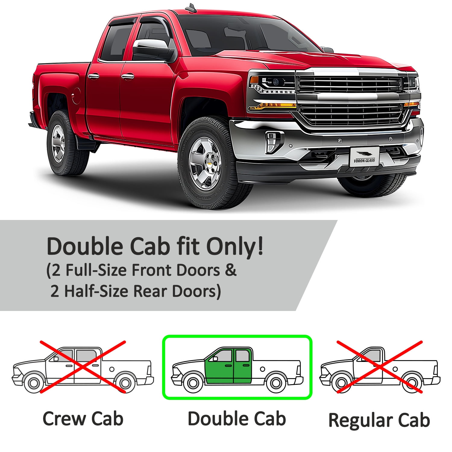 Voron Glass Tape-on Extra Durable Rain Guards for Chevrolet (Chevy) Silverado/GMC Sierra 2014-2018 Double Cab, Window Deflectors, Vent Window Visors, 4 Pieces - 100849