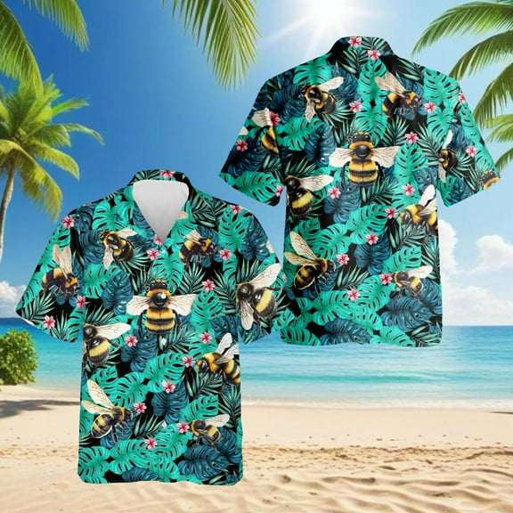 Bee Hawaiian Shirt for Men, Tropical Style, Button Down Summer Beach Short Sleeve, S-5XL
