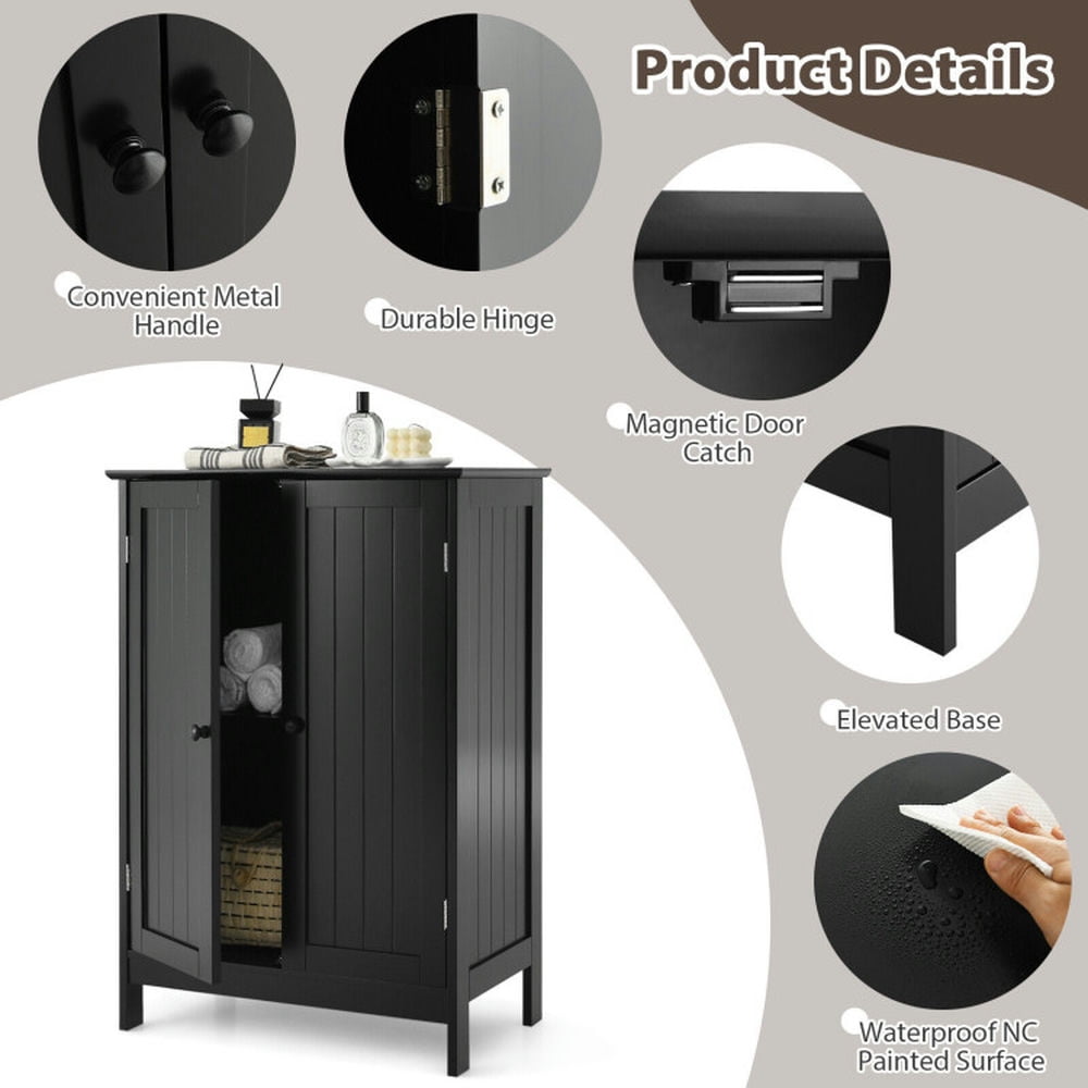 Finihen Storage Cabinet, Floor Cabinet, 2-Door Freee-Standing Bathroom Cabinet with Shelf, for Bathroom, Living Room, Bedroom, Kitchen, Black