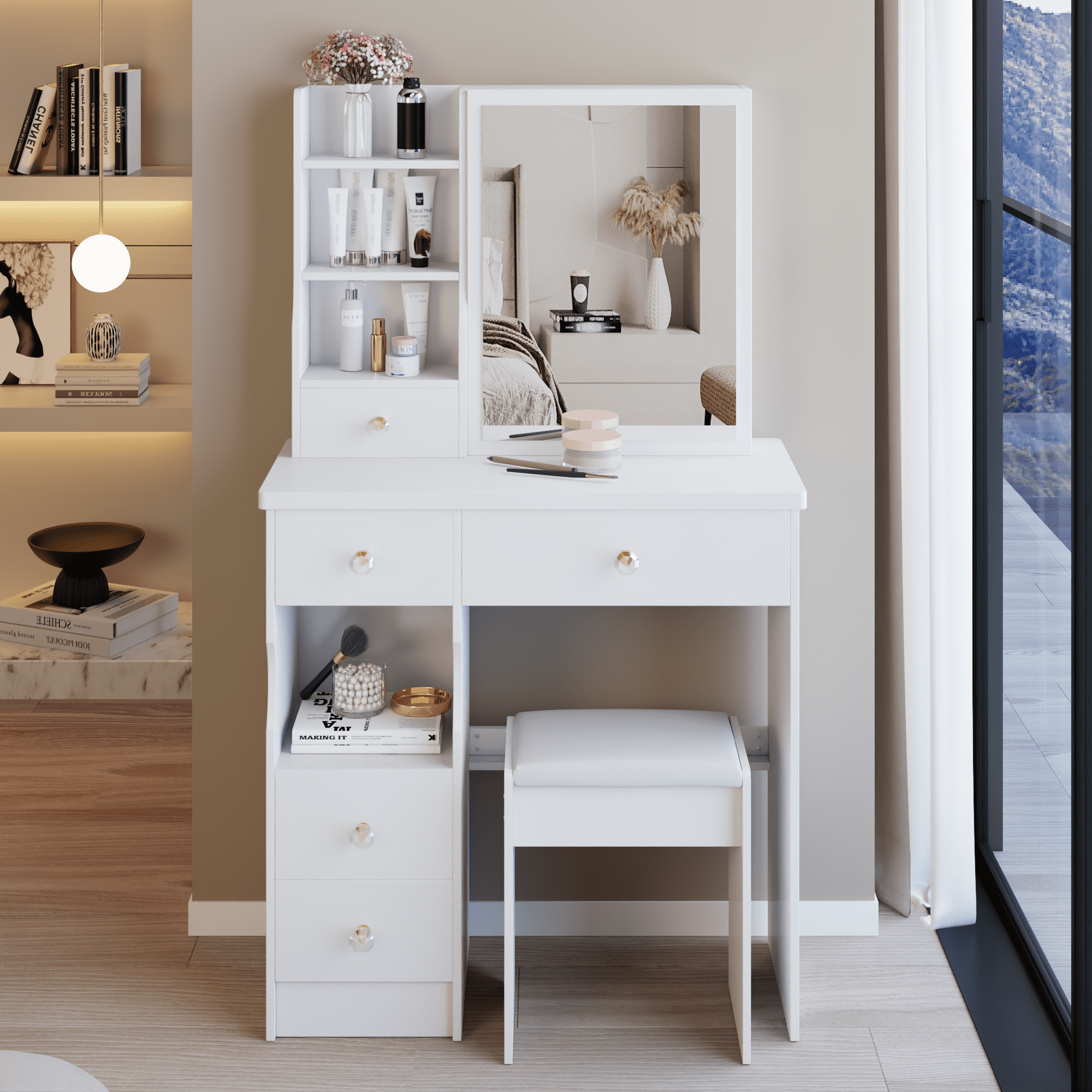 Kadyn Vanity Desk with Extra Large Right Sliding Mirror, Dressing Table with 5 Drawer, Makeup Table for Women, Girls, Bedroom, White