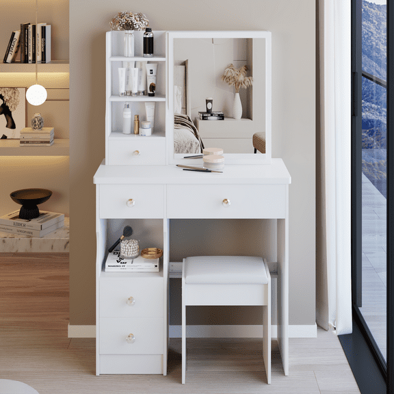 29.2" Small Vanity Table with Sliding Mirror & Stool, MDF Makeup Desk for Small Spaces, Multi-Layer Storage & Step-by-Step Assembly Guide, White