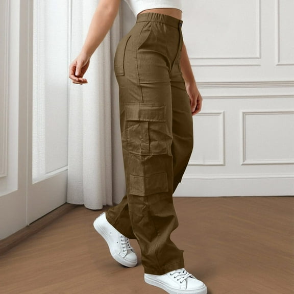 Blmnix Brown Womens Cargo Pants Pockets Wide-Leg Womens Travel Pants Pull On Trousers
