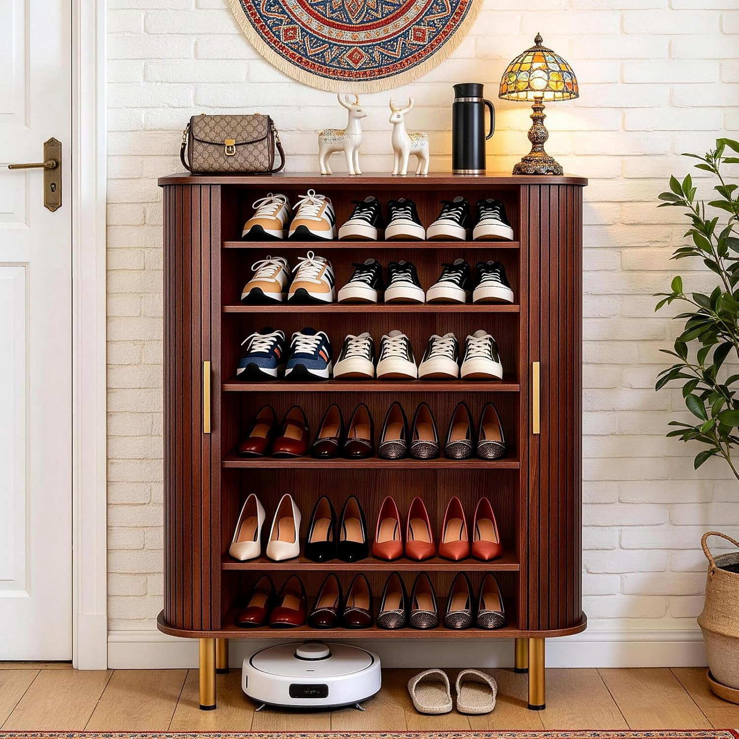avobird 31.5 " Modern Minimalist Freestanding Shoe Cabinet, Sliding-Door Shoe Cabinet with Six Adjustable Shelves for Entryway, Walnut