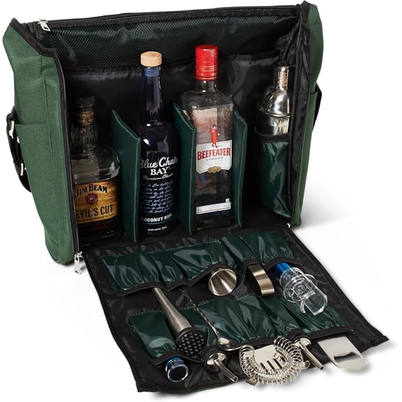 Travel Bar Bag Forest Green & Black, Water Resistant, Bartending Supplies, Pockets for Carrying Cocktail Kit (Bag Only), 13.8H X 12.5W X 4.7D