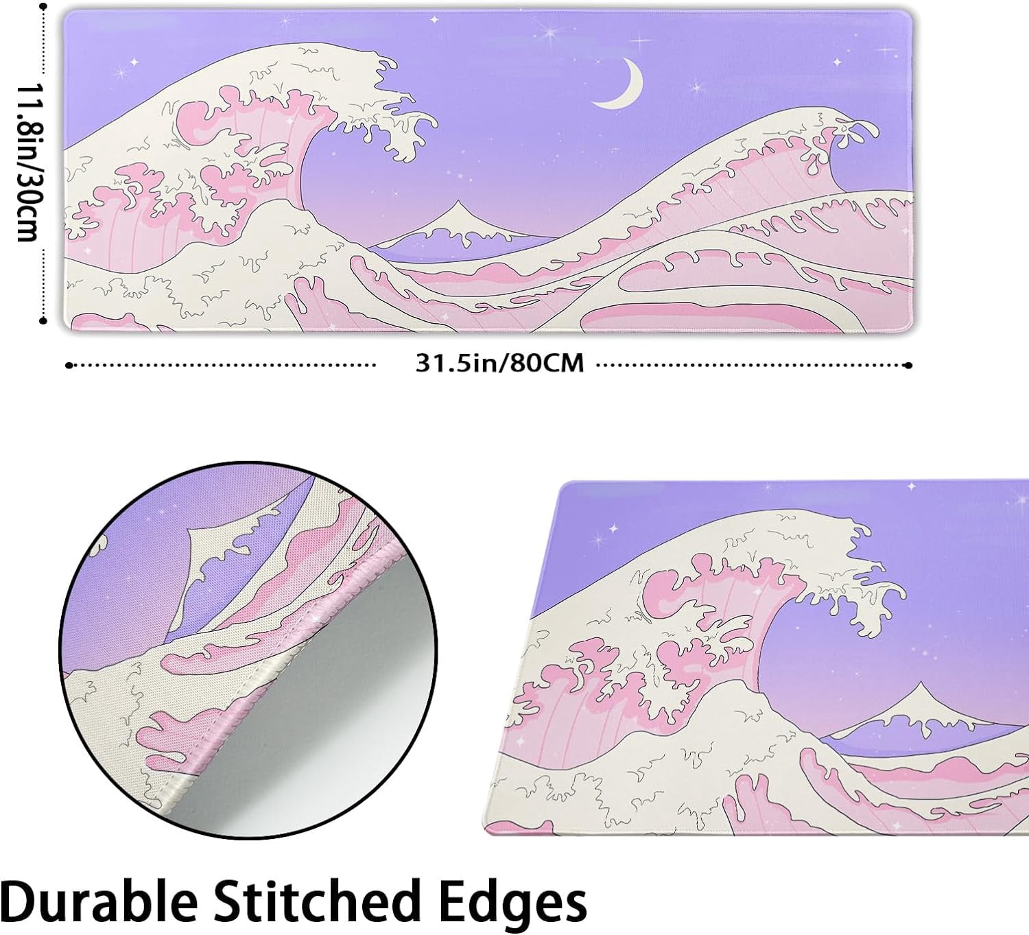 Pink Purple Japanese Anime Gaming Mouse Pad XL Cute Kawaii Aesthetic Sea Wave Extended Large Desk Mat Non-Slip Rubber Base Stitched Edge Long Keyboard Mousepad for PC Computer Laptop,31.5×11.8 in