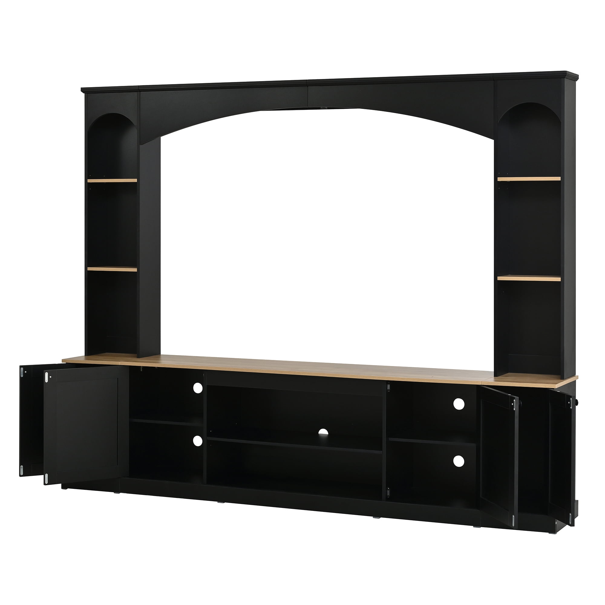 Luckynote Farmhouse TV Stand, Entertainment Center with Bookshelf, Arched Design Wood Grain for 70" TVs, 91 Inch Media Console with Adjustable Shelves, Black