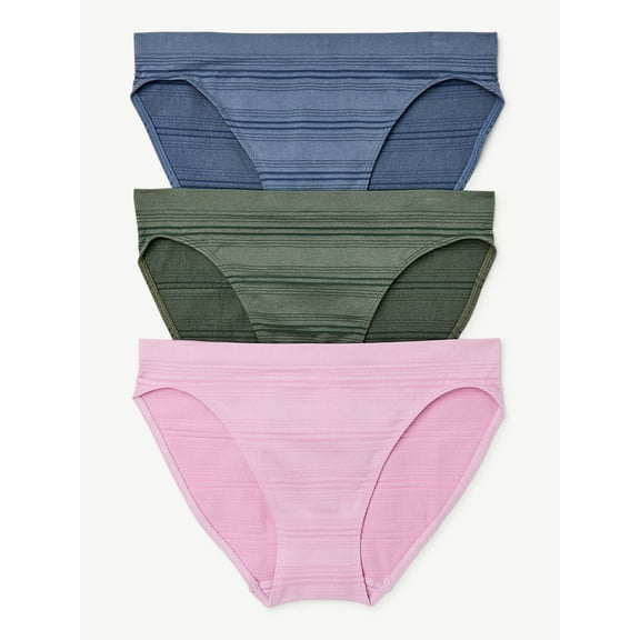 Joyspun Women's Sheer Stripe Seamless Bikini Panties, 3-Pack, Sizes S to 3XL