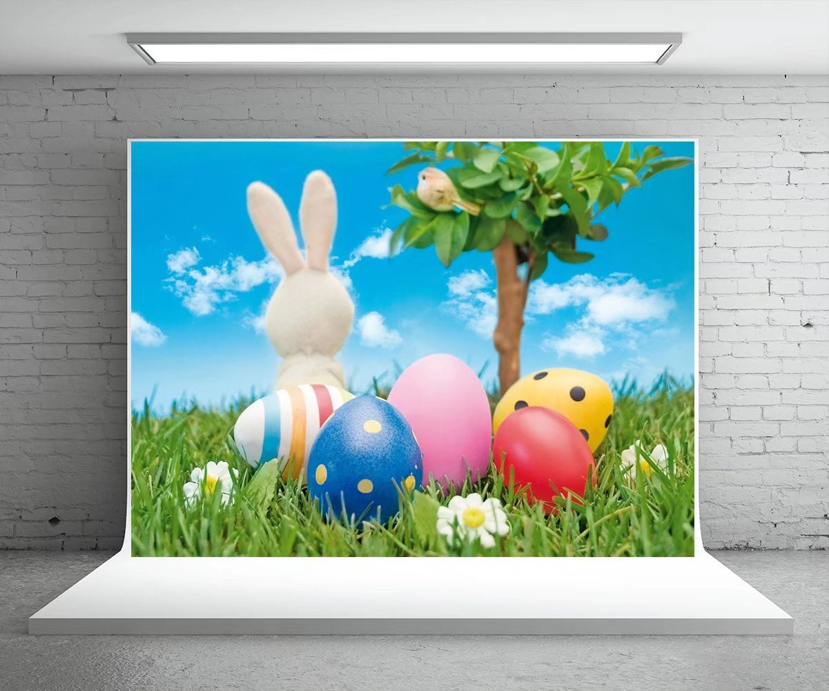 New Cute Happy Easter Wood Photo Studio Booth Background Spring Party Decorations Banner Colorful Hanging Eggs Wallpaper Backdrops Props for Photography 7x5ft 